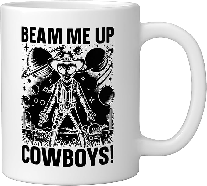 Alien Lover Flying Saucer UFO Extraterrestrial Cowboy Ceramic Mug, White