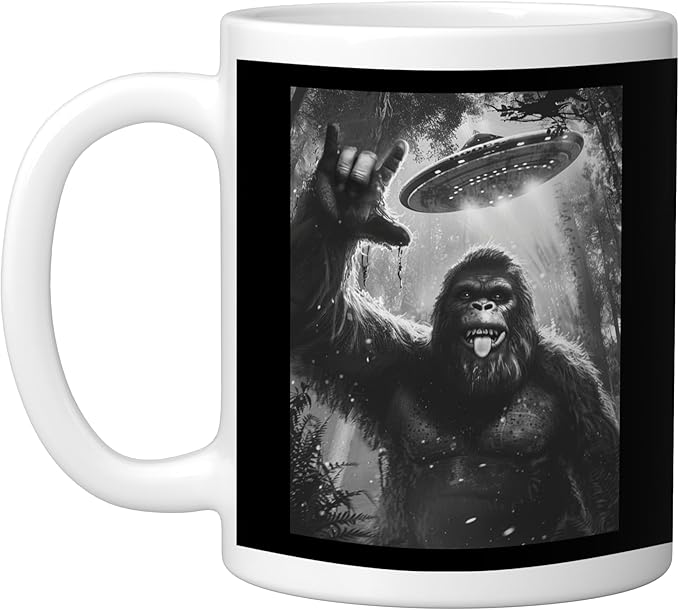 Funny Sasquatch Bigfoot Rock On Selfie with UFO Alien Saucer Ceramic Mug, White