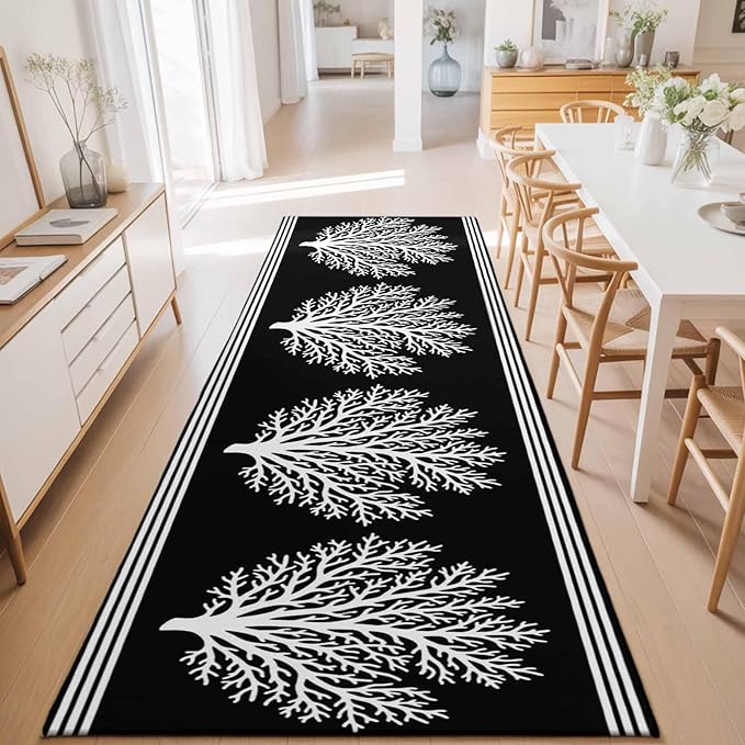 Runner Rug for Bedroom Hallway, Coastal Coral Reef Texture Kitchen Runner Rugs Area Rug 2x6ft, Ocean Theme Black White Washable Soft Floor Carpet for Entryway Stair