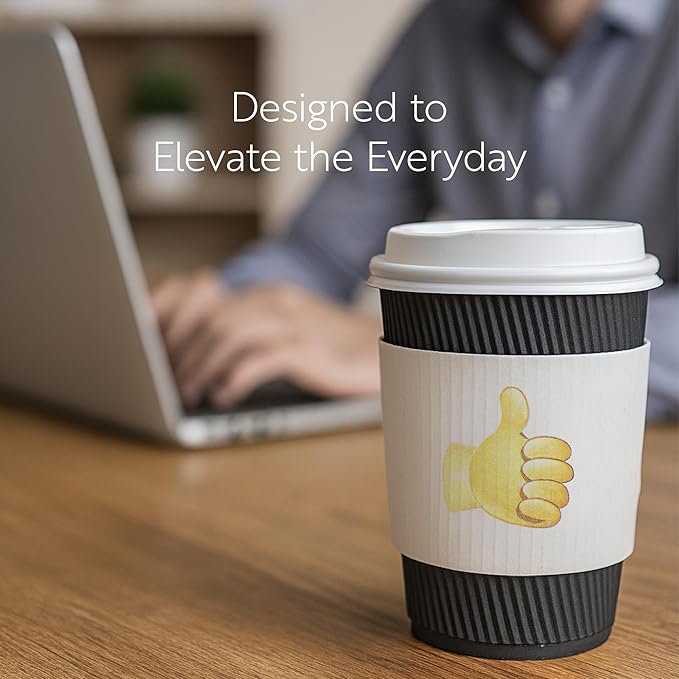 Restaurantware SLEEVES ONLY: Restpresso 5.1 x 2.8 Inch Coffee Cup Sleeves 50 Corrugated Hot Cup Sleeves - Thumbs-Up Emoji Heat-Tolerant White Paper Disposable Coffee Sleeves Secure Grip