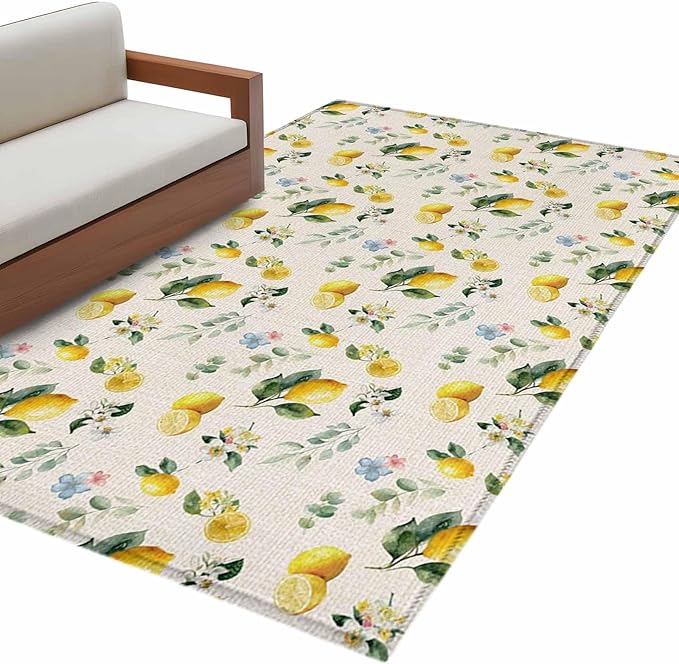 Area Rug 4x6ft, Country Lemon Flower Leaf Washable Rugs for Living Room Bedroom, Pastoral Fruit Plant Vintage Linen Soft Non-Slip Area Rugs Rectangle Floor Carpet for Dining Room