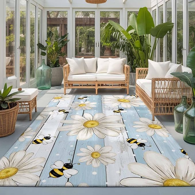 Area Rug 3x5ft, Watercolor White Daisy Floral Bee Washable Rugs for Living Room Bedroom, Rustic Light Blue Wood Plank Soft Non-Slip Area Rugs Rectangle Floor Carpet for Dining Room