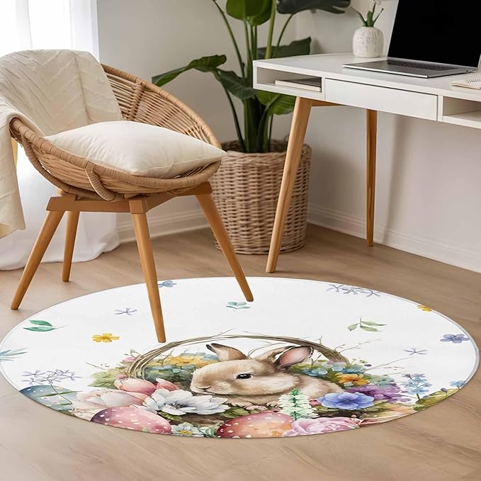 Washable Round Area Rug Easter Egg Spring Flower Cute Rabbit Circle Rugs Floor Carpet for Living Room Bedroom, Blossom Floral on White Soft Non Slip Round Rug 4ft