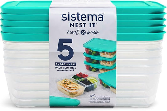 Sistema Nest It Meal Prep Food Storage Containers with Lids, 5-Pack of Large 8-Cup Containers with 3 Divided Compartments, Airtight & Leak-Resistant, Dishwasher, Microwave, & Freezer-Safe, BPA-Free
