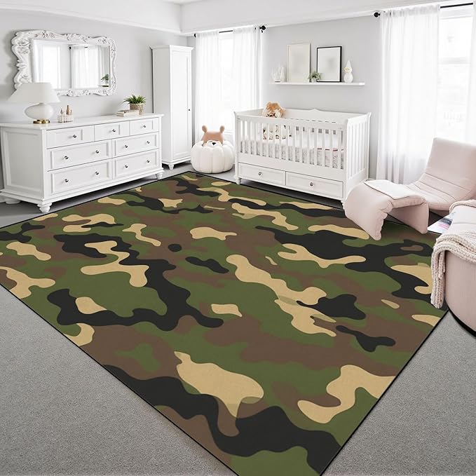 8x10 Area Rugs for Bedroom Boho Washable Man Cave Rug for Living Room Camouflage Green Brown Tan Shades Distinctive Design Soft Rubber Backed Non-Slip Large Carpets for Boys