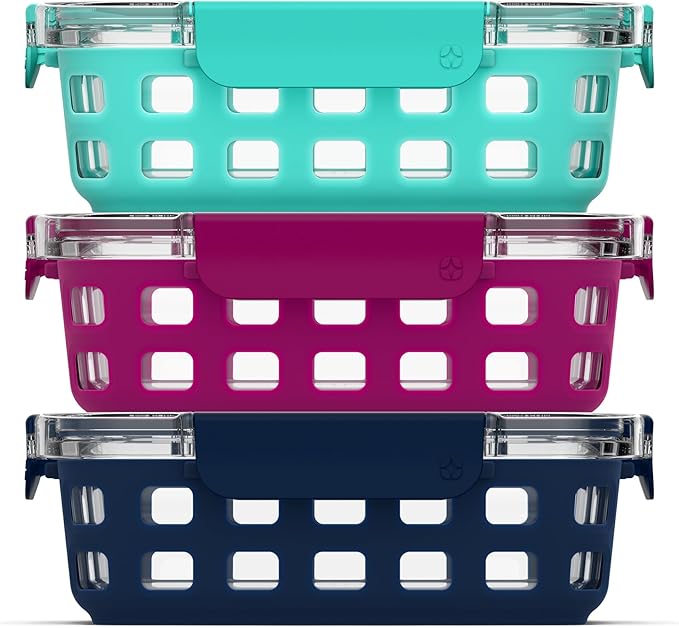 Ello Duraglass 3.4 Cup Meal Prep Sets 6Pc, 3 Pack Set- Glass Food Storage Container with Silicone Sleeve and Airtight BPA-Free Plastic Lids, Dishwasher, Microwave, and Freezer Safe, Berry