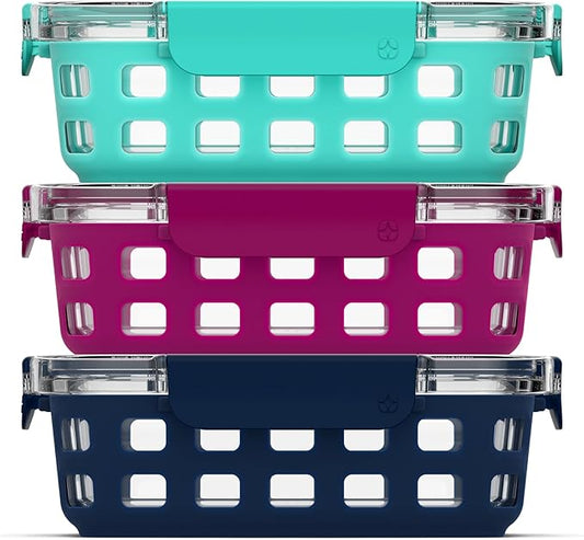 Ello Duraglass 3.4 Cup Meal Prep Sets 6Pc, 3 Pack Set- Glass Food Storage Container with Silicone Sleeve and Airtight BPA-Free Plastic Lids, Dishwasher, Microwave, and Freezer Safe, Berry