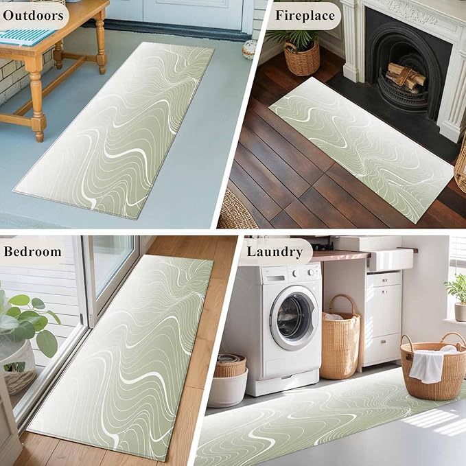 Runner Rug for Bedroom Hallway, Sage Green Wavy Gradient Stripes Kitchen Runner Rugs Area Rug 2x6ft, Geometric Abstract Art Washable Soft Floor Carpet for Entryway Stair
