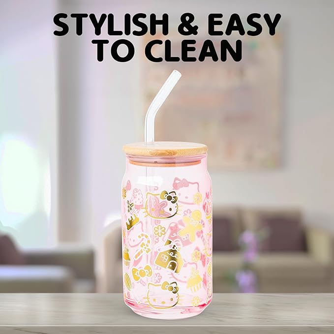 Silver Buffalo Sanrio Hello Kitty Gingerbread Cookies Christmas Holiday Pink and Gold Foil Glass Jar Tumbler with Bamboo Lid and Glass Straw, 16 Ounces
