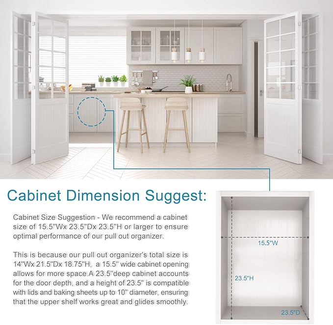 TQVAI Pots and Pans Organizer, Full-Extension Pull Out Cabinet Organizer, Slide Out Drawers for Kitchen Cabinets with Adjustable Dividers, Request at Least 15.5" W x 23.5" D x 23.5" H Opening - Chrome