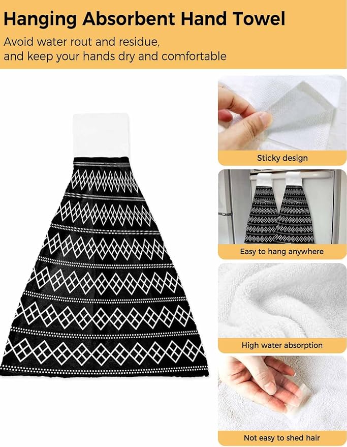 Alandar Home Kitchen Tie Towel Set of 1, Black White Minimalist Geometric Art Absorbent Soft Hand Towels for Bathroom Hanging Towels, Modern Square Dotted Line Fast Drying Cleaning Cloth with Loop