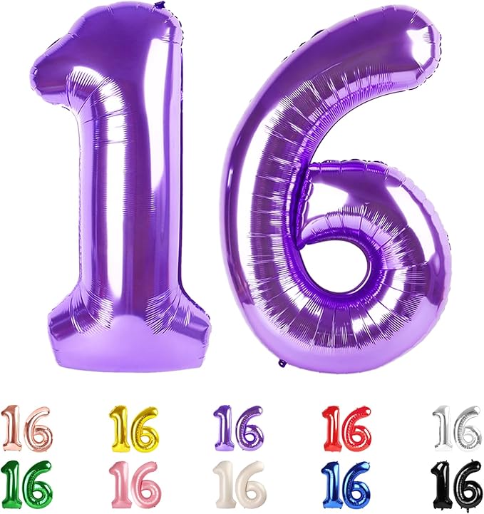 Purple Number Balloons 16, 40 In 16th Birthday Decorations for Boys Girls, Happy 61st Birthday Party Decorations Balloons for Engagement, Wedding, Celebration Party, Graduations