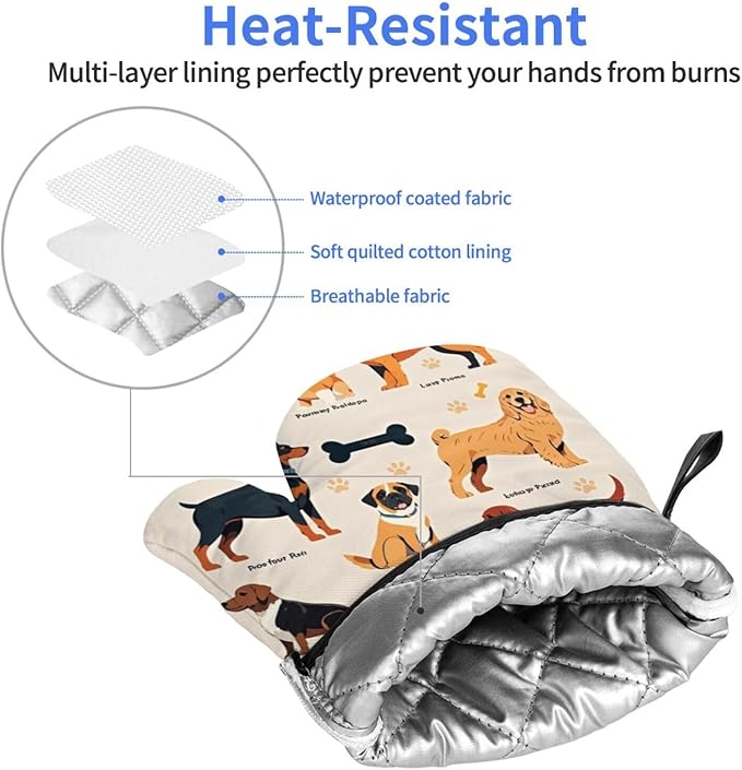 Dogs Design Oven Mitts of 2-Pack, Funny Kitchen Gloves Heat Resistant Non-Slip Kitchen Mitts Safe Cooking Baking Grilling