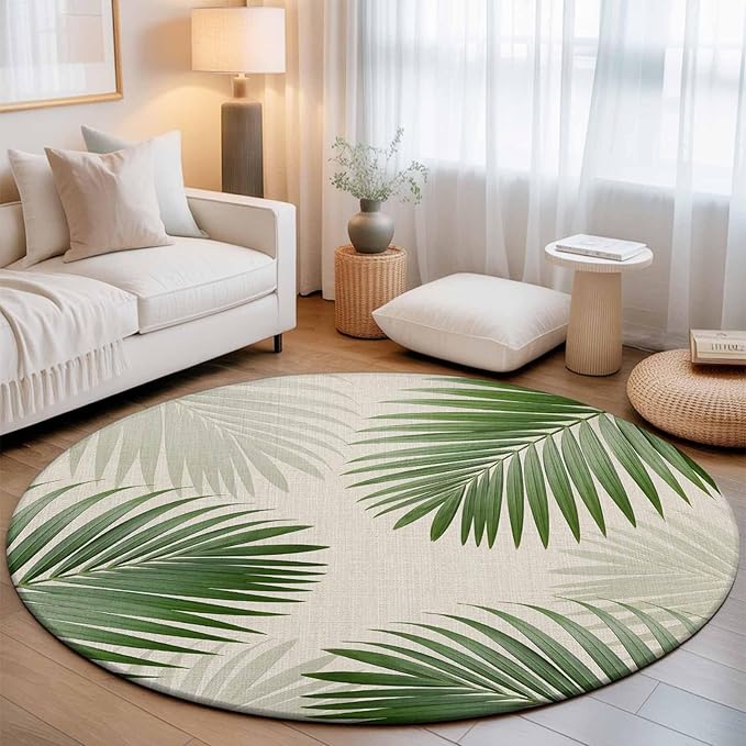 Washable Round Area Rug Rustic Sage Green Palm Leaves on Linen Circle Rugs Floor Carpet for Living Room Bedroom, Summer Plants Soft Non Slip Round Rug 5ft