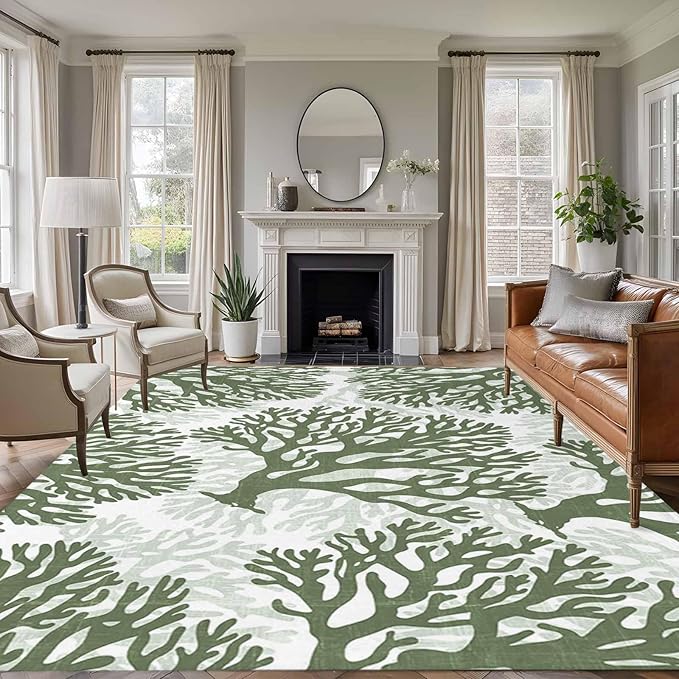 Area Rug 8x10ft, Deep Forest Green Corals Washable Rugs for Living Room Bedroom, Retro Marine Life Soft Non-Slip Area Rugs Rectangle Floor Carpet for Dining Room