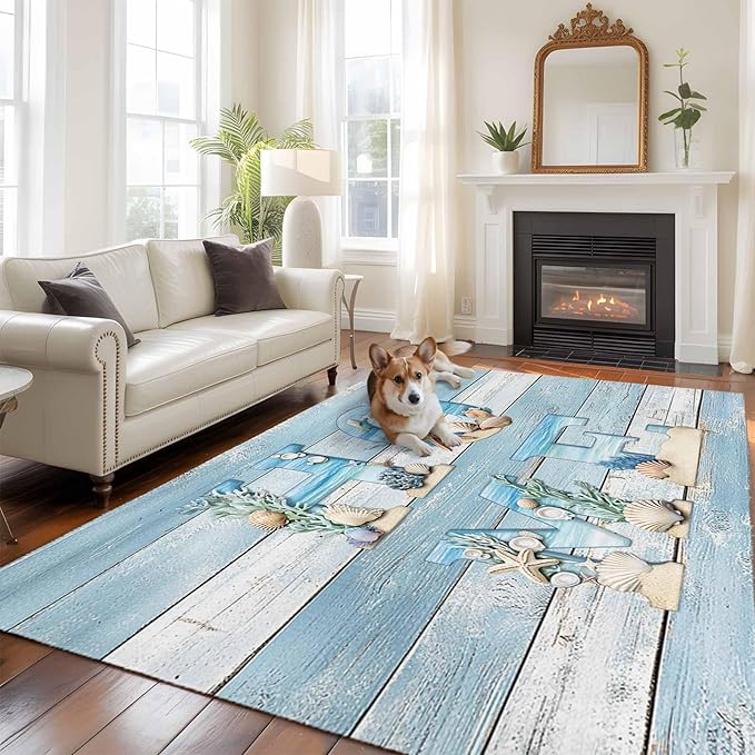 Area Rug 6x9ft, Summer Ocean Beach Shell Home Quote Washable Rugs for Living Room Bedroom, Farm Blue Wood Board Soft Non-Slip Area Rugs Rectangle Floor Carpet for Dining Room