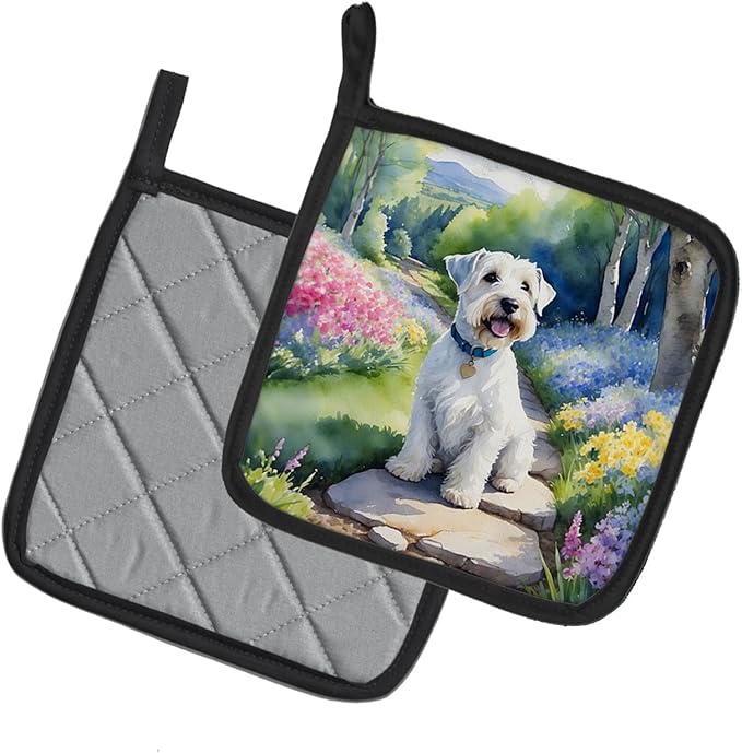 Caroline's Treasures Sealyham Terrier Spring Path Pair of Pot Holders Kitchen Heat Resistant Pot Holders Sets Oven Hot Pads for Cooking Baking BBQ, 7 1/2 x 7 1/2