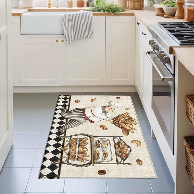 Area Rug 2x3ft, Farmhouse Kitchen Baker Bread Washable Rugs for Living Room Bedroom, Vintage Black Plaid Soft Non-Slip Area Rugs Rectangle Floor Carpet for Dining Room