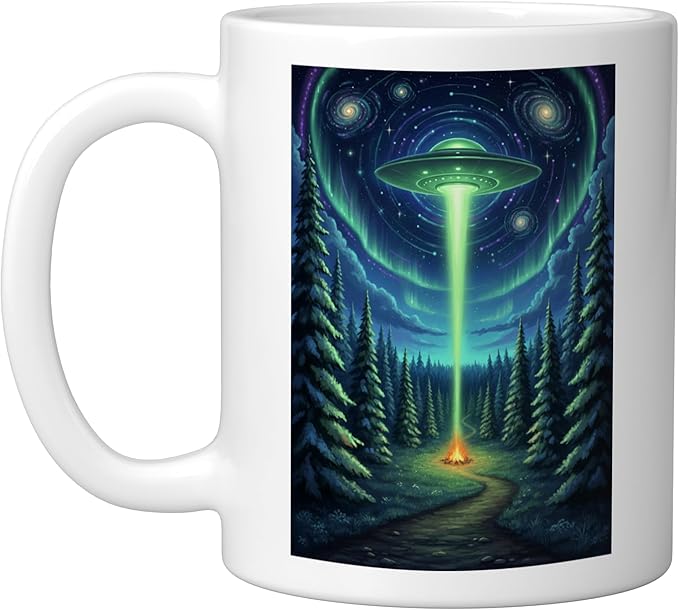 UFO in Forest Campfire Nature Camping Flying Saucer UAP Ceramic Mug, White