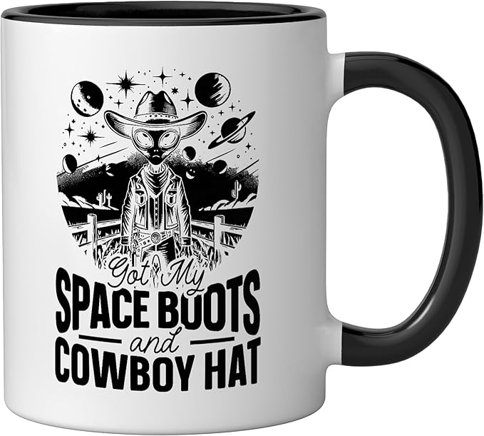 Alien Lover Flying Saucer UFO Extraterrestrial Cowboy Ceramic Mug, Black/White