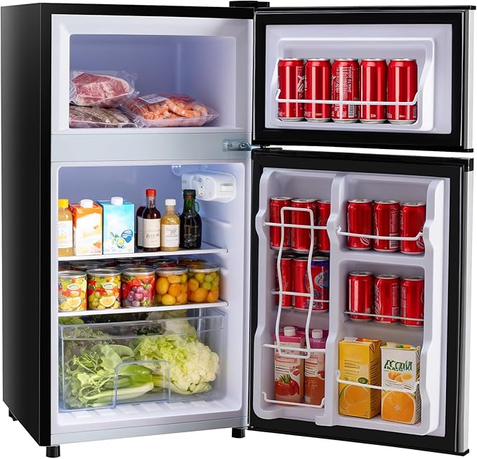 Sweetcrispy 3.2 Cu.Ft Mini Fridge with Freezer, 2 Door Small Refrigerator with Adjustable Thermostat Energy-efficient Low Noise, Compact Fridge for Bedroom, Office, Dorm, Black