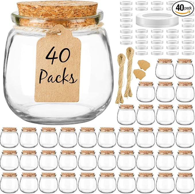 Syntic 40 Pack Small Glass Jars with Cork Lids, 7oz Empty Mason Jars for Making Candles, Yogurt Container with PE Lids for Wedding Favors, Baby Shower, Candy, Spices with Twine, Labels