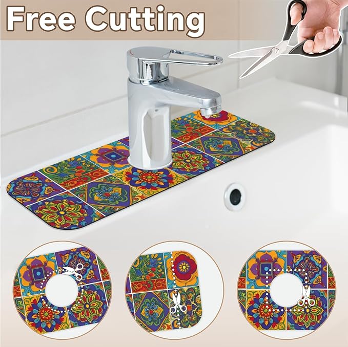 Bohemian Absorbent Sink Faucet Mat, ﻿Mexican Tiles Kitchen Faucet Mat, Sink Splash Guard, for Bathroom Kitchen Sink Splash Guard Drying Mat, Exotic Home Decor, 15.4"x5.7"