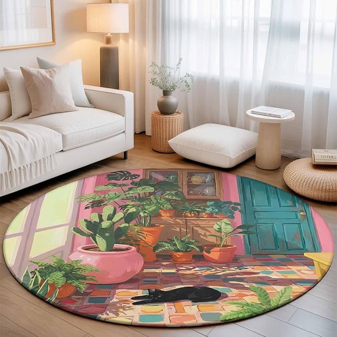 Washable Round Area Rug Sleeping Cat Pink Sunlit Room Circle Rugs Floor Carpet for Living Room Bedroom, Potted Plants Soft Non Slip Round Rug 3ft