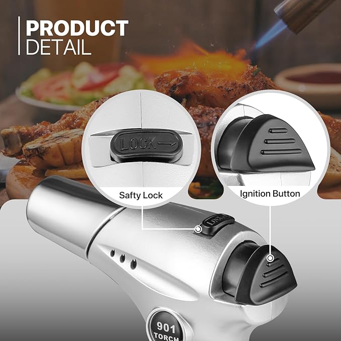 mollie Mini Butane Torch Lighter with Adjustable Flame, Small Refillable Kitchen Cooking Blow Torch for Creme Brulee, Windproof Baking Torch with Safety Lock, Silver (Butane Gas Not Included)