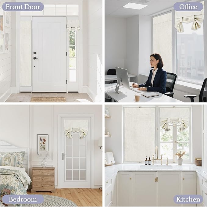 RYB HOME 100% Blackout Tricia Door Curtains, Linen Textured Blend Thermal Insulating Privacy French Door Window Tie Up Shades Living Room Curtains for Kitchen, W 34 x L 80 inches, Ivory, 1 Panel