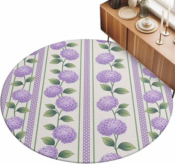 Washable Round Area Rug Watercolor Hydrangea Flower Circle Rugs Floor Carpet for Living Room Bedroom, Spring Floral Leaves on Linen Soft Non Slip Round Rug 5ft