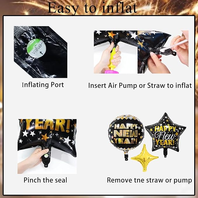 New Years Eve Party Supplies 2025, Gold and Black Balloons Supplies Set with 2025 Foil Balloon, Happy New Year Decorations 2025 Kit Latex Balloons New Year Banner Curtains Backdrop for NYE Decoration