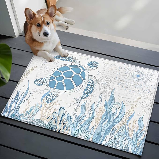Area Rug 2x3ft, Blue Sea Turtles Stars Corals Washable Rugs for Living Room Bedroom, Vintage Marine Life Soft Non-Slip Area Rugs Rectangle Floor Carpet for Dining Room