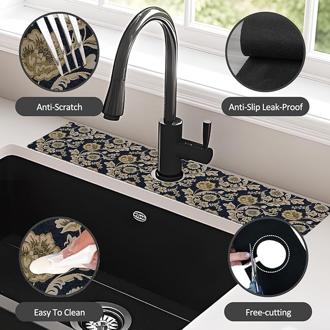 2PCS 24" X 5.5" Kitchen Sink Splash Guard Faucet Mat Floral Flower Super Absorbent Fast Drying Faucet Guard & Draining Mat Sink Splash Guard Behind Faucet for Kitchen, Bathroom