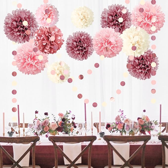 NICROLANDEE 15PCS Dusty Rose Blush Pink Tissue Pom Poms Flowers for Wedding, Bridal Shower, Sweet Birthday, Baby Shower, Engagement, Bachelorettes, Valentine Pink Party Decorations Paper Garland