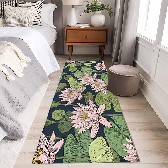 Runner Rug for Bedroom Hallway, Pink Lotus Water Lily Dark Green Leaves Kitchen Runner Rugs Area Rug 2x6ft, Oriental Style Washable Soft Floor Carpet for Entryway Stair