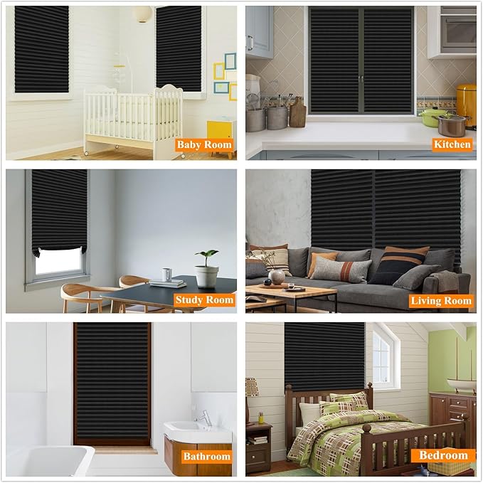MALOKI Pleated Window Blinds,Temporary Window Shades Cordless Light Filtering Pleated Paper Shades Room Darkening Blinds for Home Bedroom Office (Black, 24 Inch x 59 Inch)