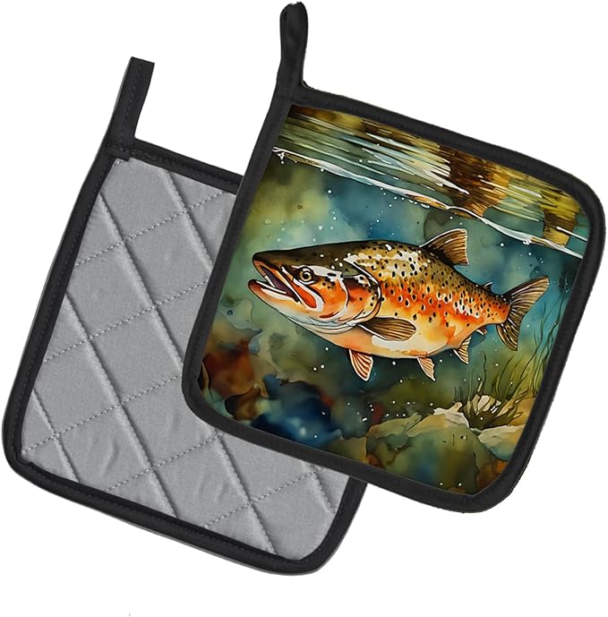 Caroline's Treasures Brown Trout Pair of Pot Holders Kitchen Heat Resistant Pot Holders Sets Oven Hot Pads for Cooking Baking BBQ, 7 1/2 x 7 1/2