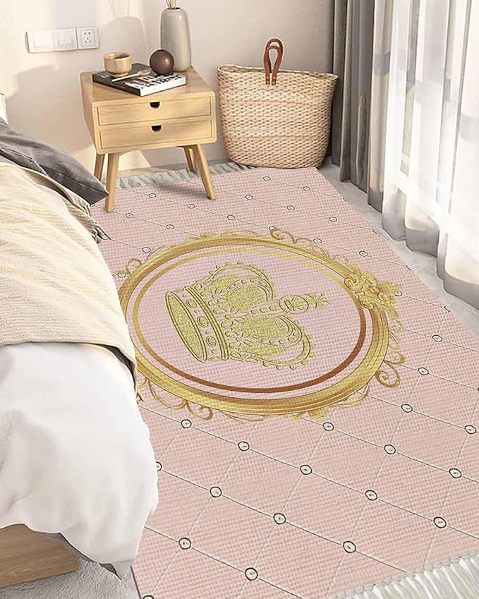 Kitchen Runner Rugs, Golden Crown Queen Pink Lattice 4'x6' Throw Rug with Tassels, White Dot Washable Soft Floor Carpet Runner for Hallway Bedroom Bathroom Laundry Room