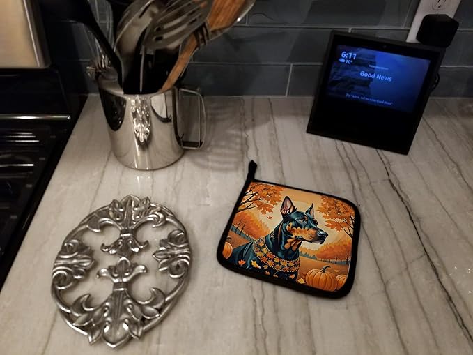 Caroline's Treasures DAC1044PTHD Doberman Pinscher Fall Pair of Pot Holders Kitchen Heat Resistant Pot Holders Sets Oven Hot Pads for Cooking Baking BBQ, 7 1/2 x 7 1/2