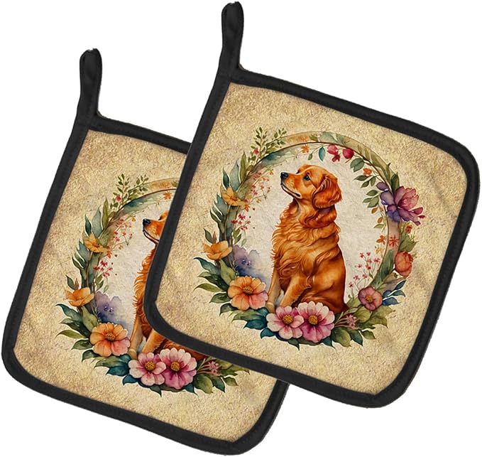 Caroline's Treasures Nova Scotia Duck Tolling Retriever and Flowers Pair of Pot Holders Kitchen Heat Resistant Pot Holders Sets Oven Hot Pads for Cooking Baking BBQ, 7 1/2 x 7 1/2