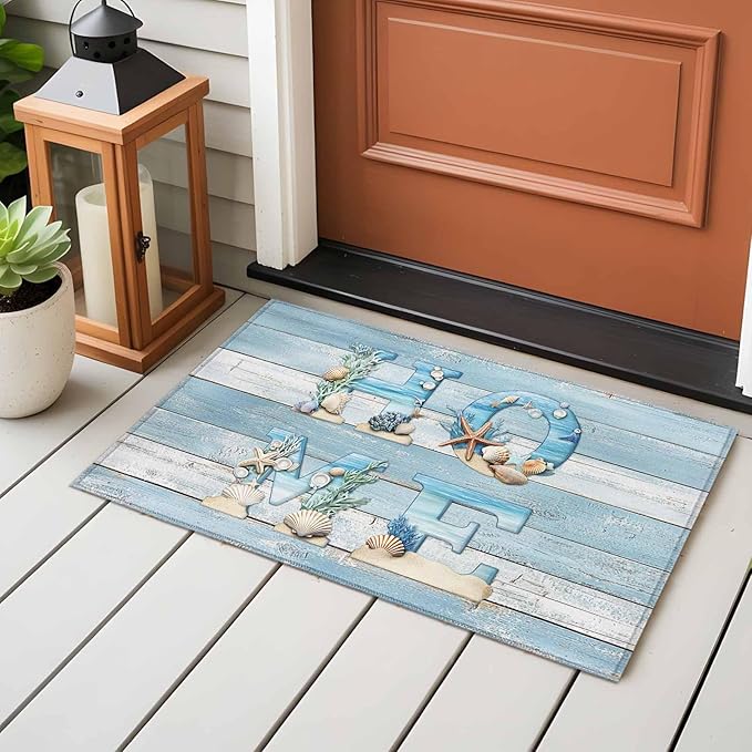 Area Rug 2x3ft, Summer Ocean Beach Shell Home Quote Washable Rugs for Living Room Bedroom, Farm Blue Wood Board Soft Non-Slip Area Rugs Rectangle Floor Carpet for Dining Room
