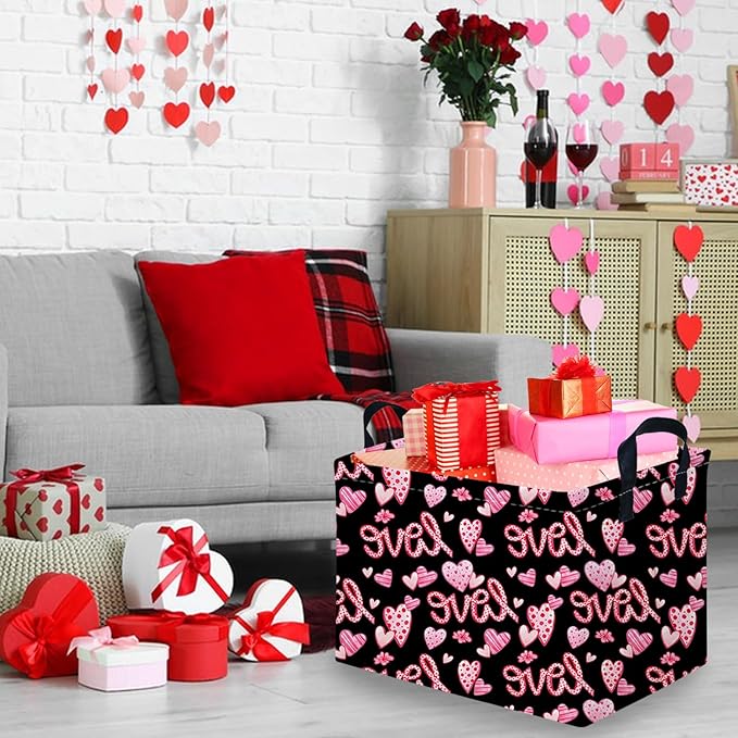 Rectangular Black heart,Valentines Basket,baby Gift Basket Empty,Pink Gift baskets with Handle Organizer,Hearts Print easter Baskets,Girl Room Decor(Sweet love)