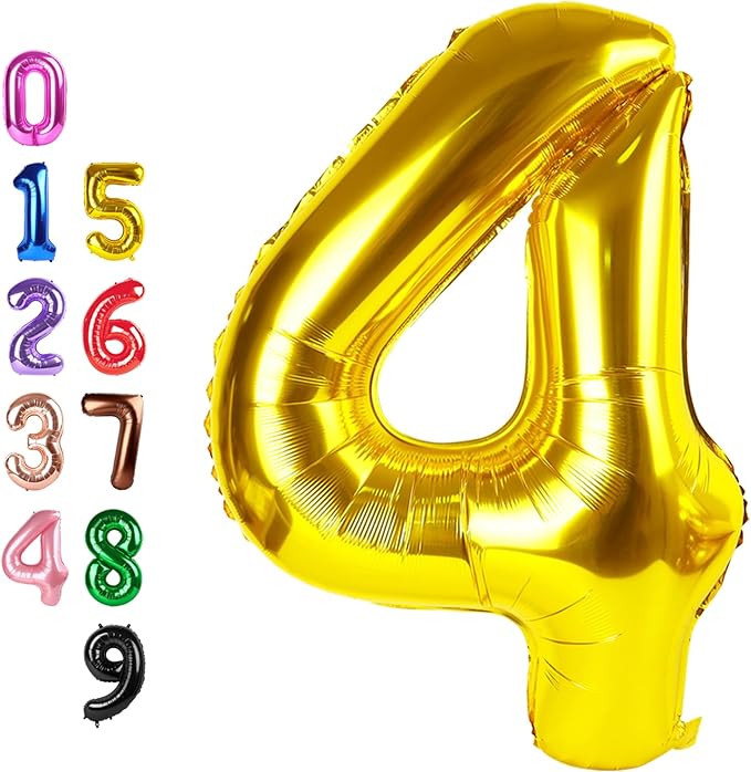 Gold 4 Balloon Number for 4th Birthday Decorations, 40 Inch Big Number Balloons for 4 14 40 Anniversaries Celebration Graduation Wedding