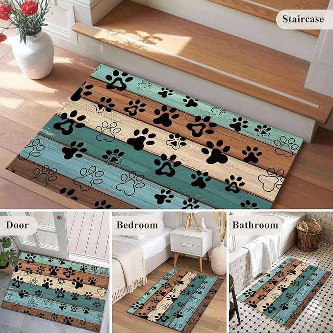 Area Rug 2x3ft, Farm Brown Wood Board Washable Rugs for Living Room Bedroom, Dog Paw Print Animal Footprint Soft Non-Slip Area Rugs Rectangle Floor Carpet for Dining Room