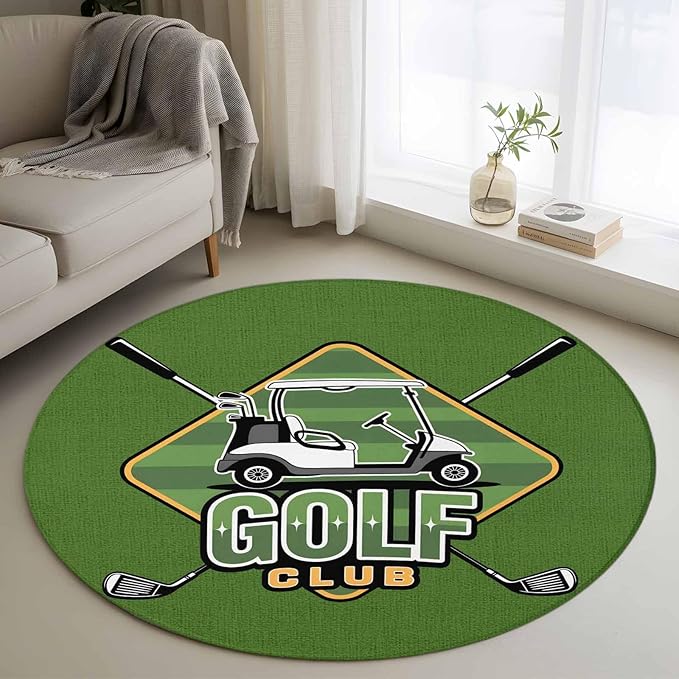 Washable Round Area Rug Golf Club Sports Circle Rugs Floor Carpet for Living Room Bedroom, Green Soft Non Slip Round Rug 4ft