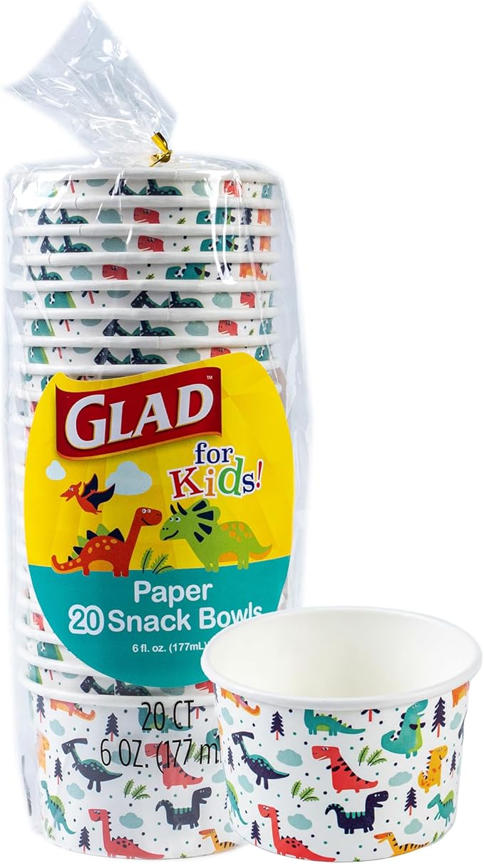Glad for Kids Mini Dinosaurs Paper Snack Bowls, Colorful Heavy Duty Microwave Safe Disposable Bowls for Soup, Ice Cream, and Snacks, Lids Not Included, Multicolor, Party Pack, 6 Oz, 20 Count