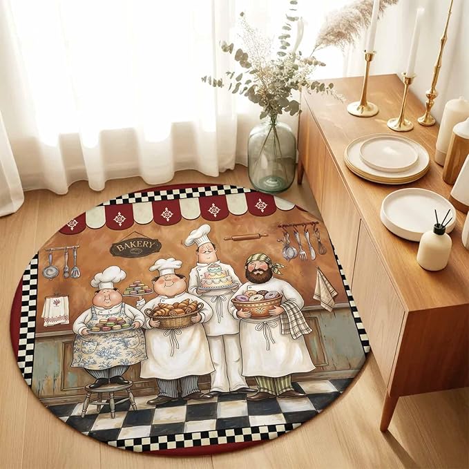 Washable Round Area Rug Farmhouse Cartoon Chef Circle Rugs Floor Carpet for Living Room Bedroom, Cooking Theme Black White Checkered Soft Non Slip Round Rug 3ft