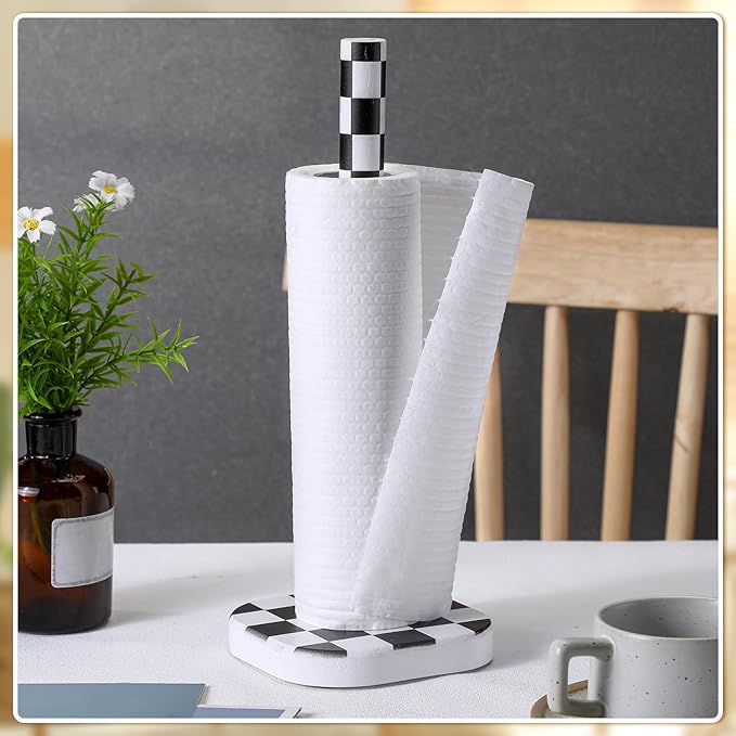Teenyyou Checkerboard Paper Towel Holder Countertop Wood Standing Paper Roll Holder with Anti Skid Base Black and White Decorative for Kitchen Bathrooms Living Room