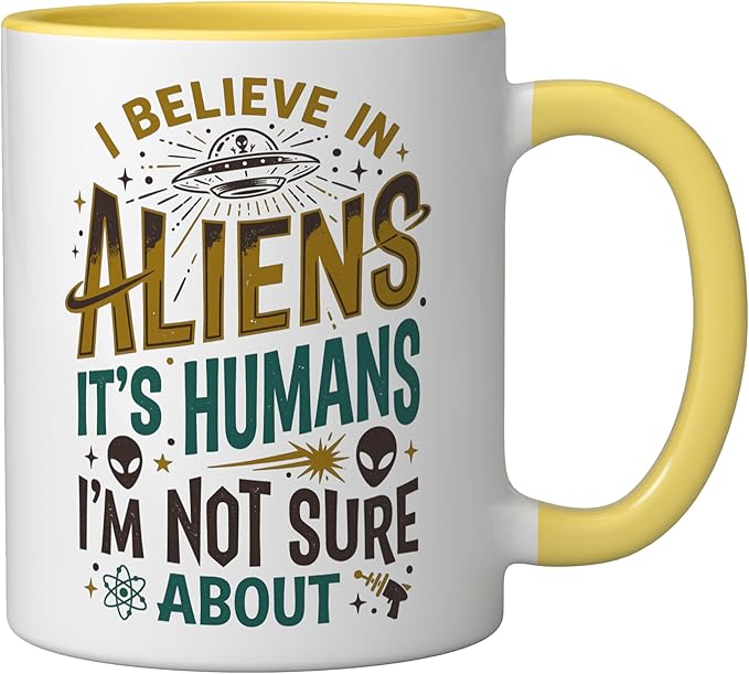 Alien Believer UFO Extraterrestrial Space Lover Ceramic Mug, Yellow/White